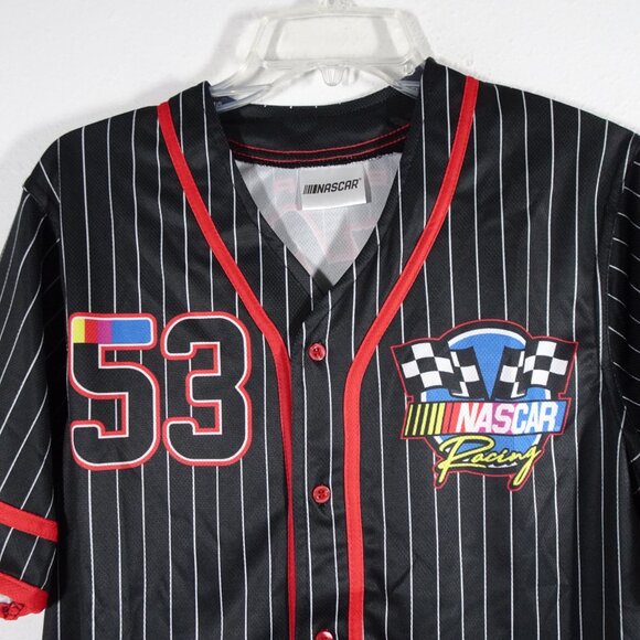 Nascar Racing Team Shirt Men's Size S Black Pinstripe Button Up Baseball Jersey - Picture 2 of 11